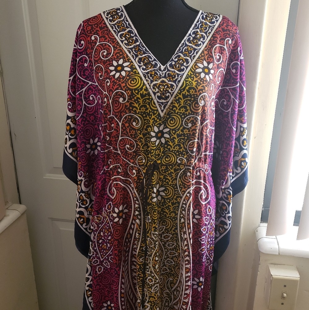 New Multicolored Floral Kaftan Abaya Coverup Dress - Picture 3 of 15